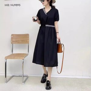 Đầm liền retro ngắn tay cổ V phối caro - NU9893