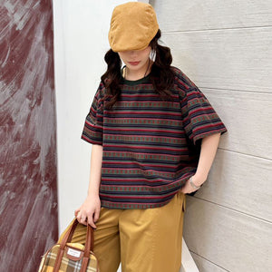 Áo T-shirt ngắn tay cổ tròn kẻ sọc in hoa retro - A750