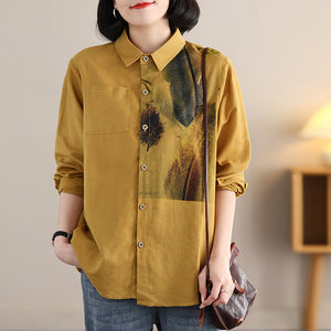 Áo sơ mi linen dài tay cổ đức in lông vũ - NU8771