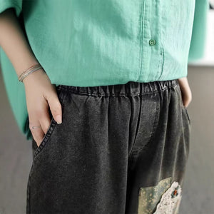 Quần baggy denim lửng lưng thun thêu hoa văn trừu tượng caro - Q159
