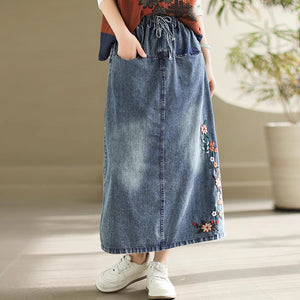 Chân váy denim lưng thun thêu hoa lá hia túi ngang - NU10150