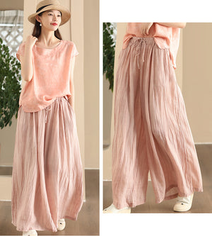 Quần baggy linen lưng cao thun in màu nước retro - Q003