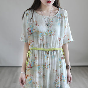 Đầm liền linen ngắn tay cổ tròn eo kiểu thắt dây - D047