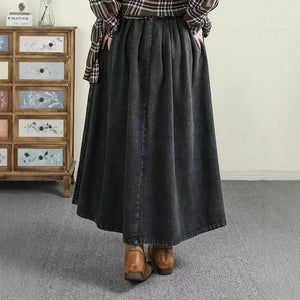 Chân váy denim lưng thun dây rút hai túi chéo - V068