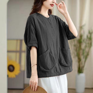 Áo sơ mi linen ngắn tay cổ tròn hai túi vuông đính lệch - NU10399