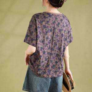 Áo T-shirt dệt kim ngắn tay cổ tròn in hoa lá - NU9852