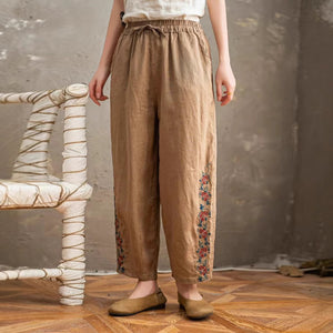 Quần baggy linen lửng lưng thun dây rút thêu đối xứng - Q261