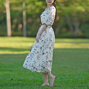 Đầm liền linen ngắn tay cổ V ba khuy in hoa lá - NU9035