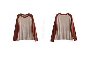 Áo T-shirt dệt kim dài tay phối lệch màu cổ tròn - NU9390