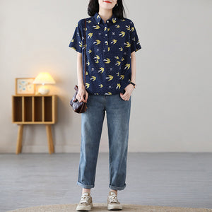 Áo sơ mi linen ngắn tay cổ đức in những chú chim - NU8815