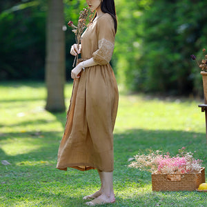 Đầm liền linen ngắn tay cổ tròn một khuy thêu hoa văn - NU8785