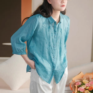 Áo sơ mi linen tay lửng cổ đức thêu hoa văn đối xứng - NU8866