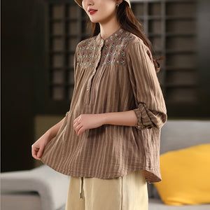 Áo sơ mi linen dài tay cổ đứng thêu retro kẻ sọc - A740