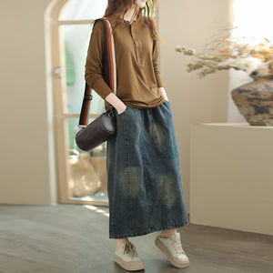 Chân váy denim lưng thun thêu retro bạc màu - V027