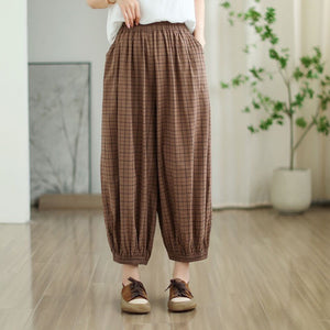 Quần baggy linen lưng thun ống bo chun kẻ caro - NU10265