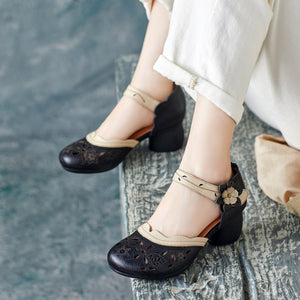 Giày da retro hoa văn khắc tay quai lệch màu - G034