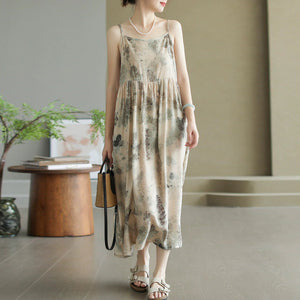 Đầm liền linen hai dây retro in hoa lá màu loang - D002