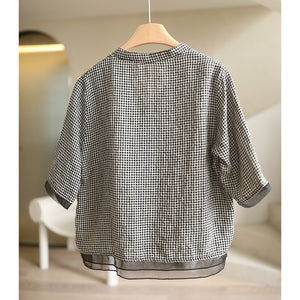 Áo sơ mi linen ngắn tay cổ đứng xẻ V kẻ caro - NU9020