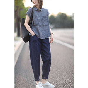 Áo sơ mi linen sát nách cổ đức hai túi kẻ caro - NU8979