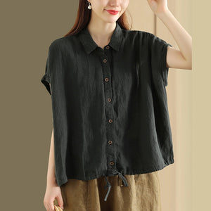 Áo sơ mi linen sát nách cổ đức đơn sắc vạt dây rút - NU8980