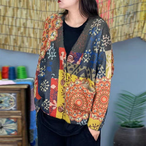 Áo khoác len cardigan dài tay cổ V in hoa văn retro - NU9190