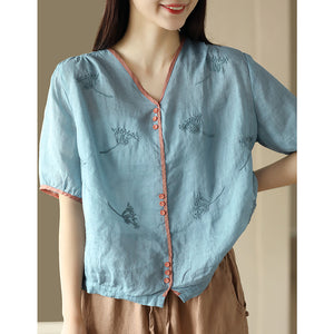 Áo sơ mi linen ngắn tay cổ V bo viền thêu hoa litit - NU8678