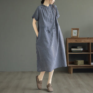 Đầm liền linen ngắn tay cổ V kẻ sọc eo kiểu thắt dây - D045