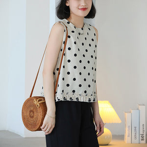 Áo T-shirt sát nách cổ tròn chấm bi vạt xếp ly - NU10436