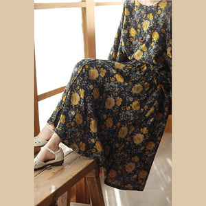 Chân váy linen lưng cao in hoa lá có khuy cài - V070