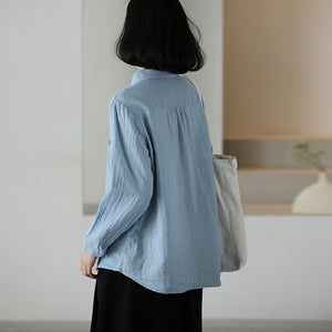 Áo sơ mi linen dài tay cổ đức thêu hoa lá đối xứng trước ngực - NU9938