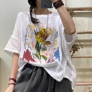 Áo T-shirt linen ngắn tay cánh dơi in hoa trừu tượng - NU8947