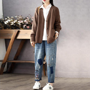 Áo khoác cardigan len đan dài tay cổ V hai túi - NU9194