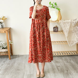 Đầm liền linen ngắn tay cổ tròn chiết eo xếp ly in hoa văn trừu tượng - NU8800
