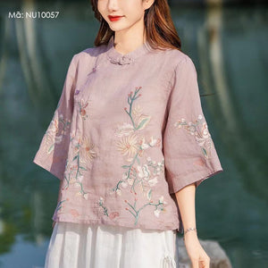 Áo sơ mi linen ngắn tay khuy tròn cài lệch thêu hoa lá - NU10055