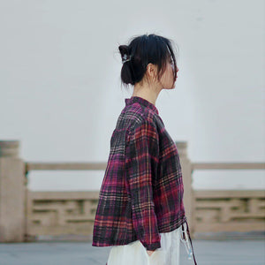 Áo sơ mi linen dài tay cổ V kẻ sọc caro - NU9747