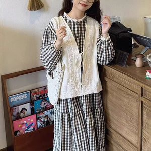 Đầm liền linen Morigirl dài tay cổ tròn kẻ caro - D040
