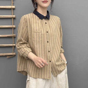 Áo sơ mi linen dài tay cổ đức kẻ sọc một túi - A683