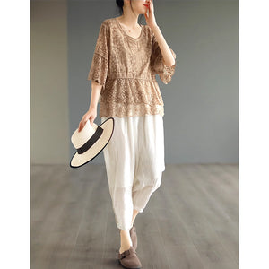 Áo T-shirt thêu ren retro ngắn tay cổ tròn - NU9058