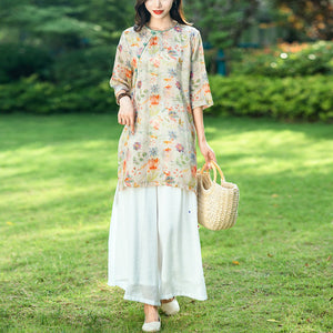 Đầm liền linen ngắn tay cổ tròn kiểu sườn xám in hoa lá - NU9988