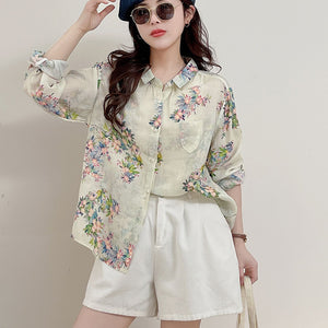 Áo sơ mi linen dài tay cổ pipi in hoa lá một túi tam giác - A687