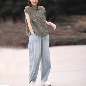 Áo sơ mi linen sát nách cổ đức hai túi vuông lớn đơn sắc - NU9051
