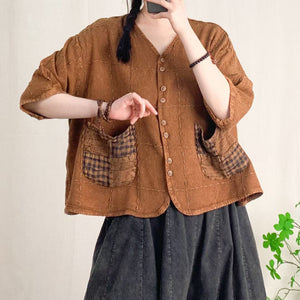 Áo sơ mi linen ngắn tay cổ V hai túi kẻ caro - A947