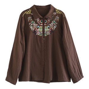 Áo sơ mi linen dài tay cổ đức thêu hoa văn retro - NU9739