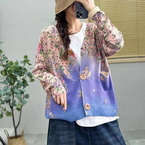 Áo khoác len cashmere dài tay cổ V in giàn hoa - A460