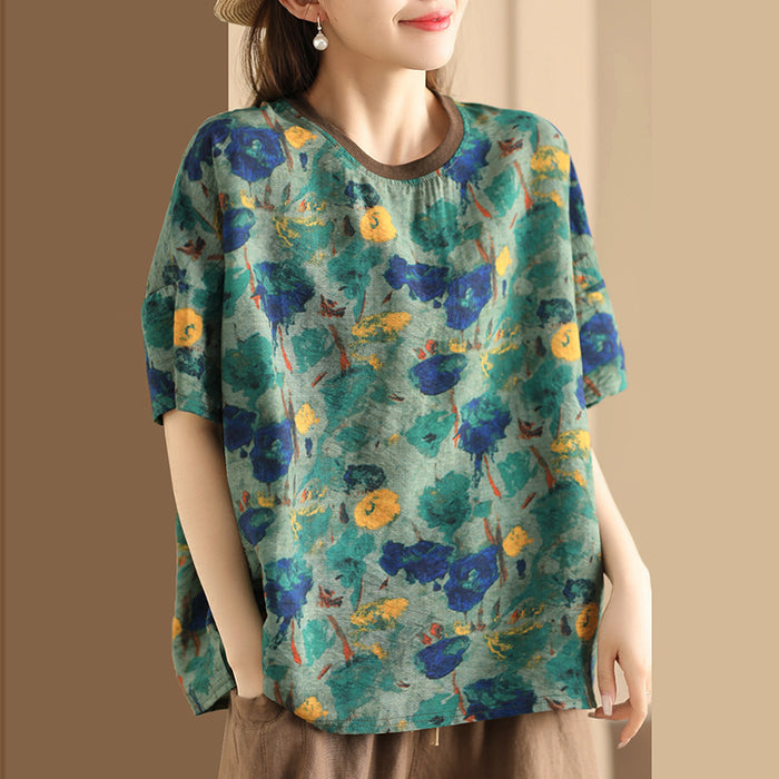 Áo T-shirt ngắn tay cổ tròn phối màu in hoa lá - NU10193