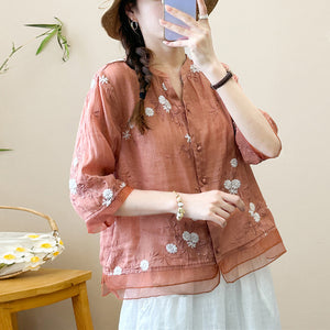 Áo sơ mi linen ngắn tay cổ đứng xẻ V thêu hoa lá - NU8987