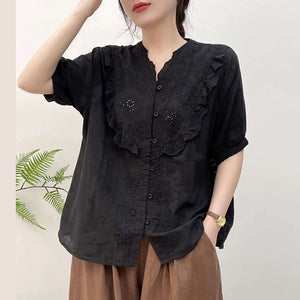 Áo sơ mi linen ngắn tay cổ V thêu ren hoa lá - NU10130
