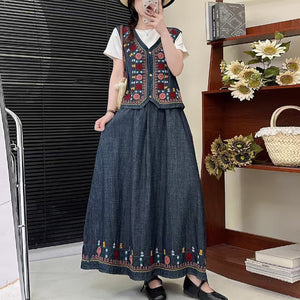 Áo khoác gile denim cổ tròn thêu hoa hoa văn thổ cẩm - A960