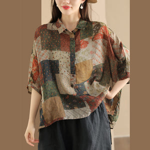Áo sơ mi linen ngắn tay cổ đức in hoa văn ô vuông retro - NU10481
