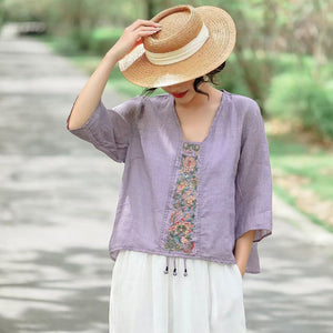 Áo sơ mi linen ngắn tay cổ V thêu hoa văn retro tua rua - NU9920